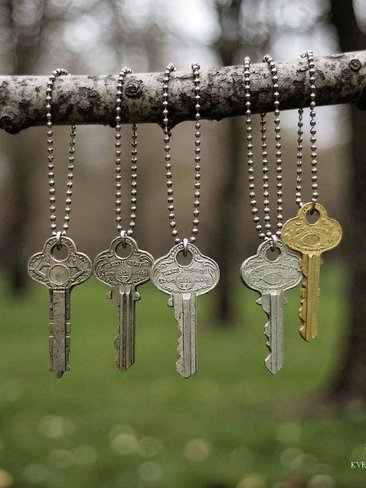 Antique Brass Key Necklace, 1920s Repurposed Pendant, Gunmetal Ball Jewelry