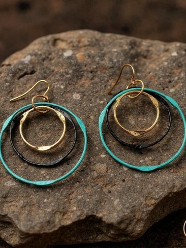 Boho Mixed Metal Round Earrings - Circle Dangle Earrings, Statement Jewelry