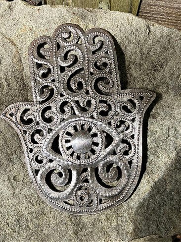 Unique Handcrafted Hamsa Hand Metal Art - Upcycled Steel Boho Wall Decor