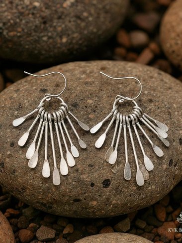 Boho Silver Plated Fringe Paddle Earrings, Sterling Silver Wires, Artisan Chandelier Dangles