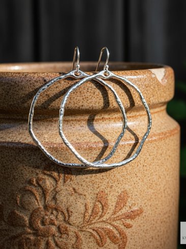 Handcrafted Boho Silver Hoop Earrings - Ethnic Hammered Dangles with 925 Sterling Silver Hooks