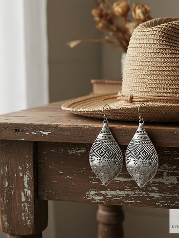 Silver Hammered Tribal Earrings - Geometric Ethnic Drop Earrings