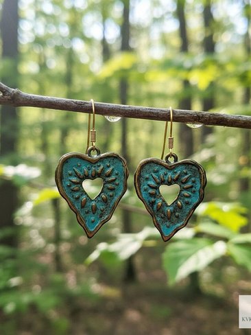 Rustic Patina Brass Heart Sunburst Earrings: Boho Jewelry
