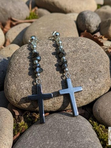 Hematite Traditional Cross Earrings