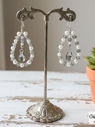 Silver Jet and Pearl Swarovski Crystal Pear Earrings