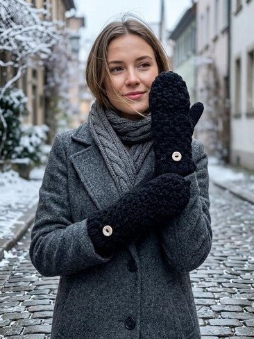 Hand-Knit Black Wool Mittens with Wooden Buttons - Convertible Fingerless Gloves