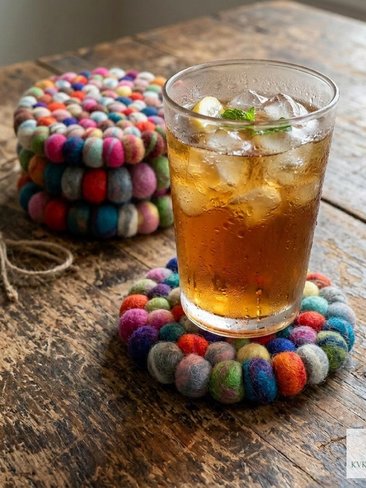 Colorful Wool Felt Ball Coaster Set, Handmade Drink Mug Rug, Eco Cup Mat