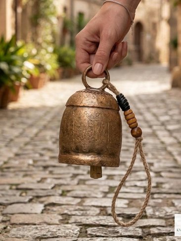 Handmade Etched Copper Bell Jute Cord Artisan Boho Wall Hanging