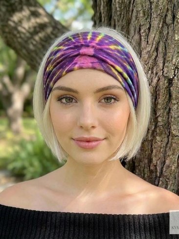 Purple Tie Dye Cotton Headband, Wide Boho Yoga Headwrap for Women, Bohemian Workout Hairband
