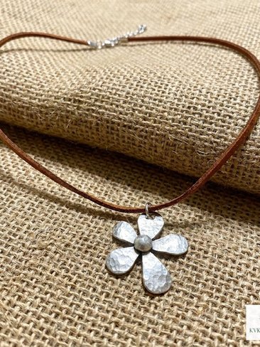 Silver Boho Flower Choker Necklace, Brown Suede Botanical Pendant
