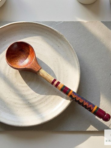 Hand-Turned Lacquerware Wood Spoon – Artisan Serving Scoop, Boho Kitchen Decor