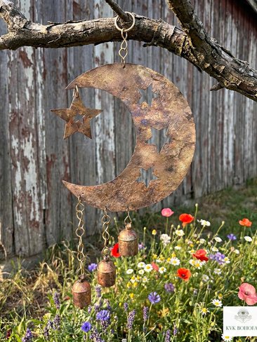 Crescent Moon and Stars with Hanging Bells Windchime - Artisan Metal Garden Decor Brass Bells