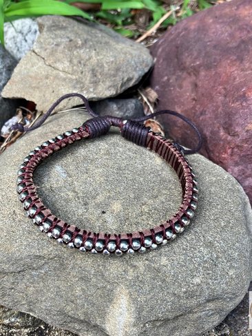 Mens Silver Bead Leather Bracelet