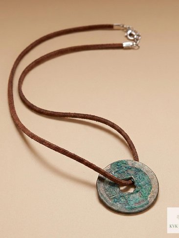 Antique Chinese Coin Choker, Brown Suede Boho Pendant Necklace