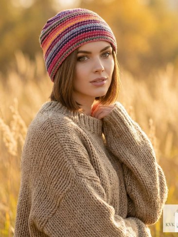 Pink Stripe Kufi Skull Cap - Crocheted Beanie Hat, Ethically sourced