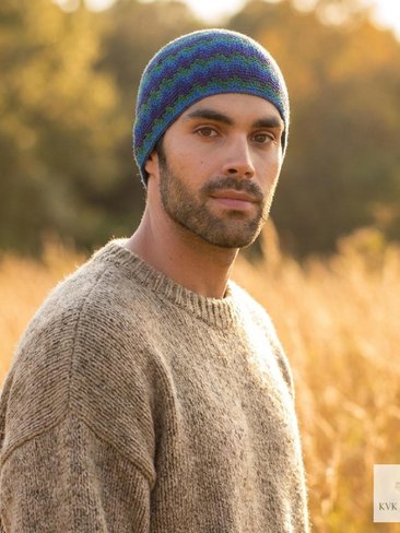 Blue Zig Zag Kufi Skull Cap - Crocheted Beanie Hat, Ethically sourced