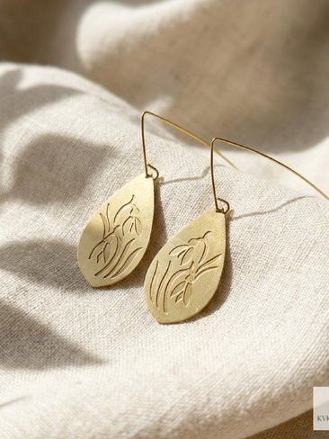 Handcrafted Brass Flower Drop Threader Earrings - Botanical Leaf Dangles