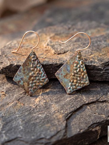 Rustic Patina Dangle Earrings: Textured Diamond Metal Drops, Verdigris Boho Jewelry Gift