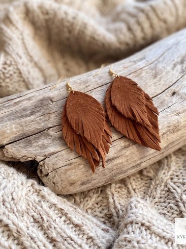 Brown Suede Feather Earrings, Boho Statement Jewelry, Handcrafted Suede Feathers, Gift for Her