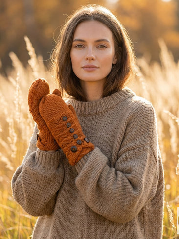 Hand-Knit Orange Wool Mittens with Wooden Buttons - Convertible Fingerless Gloves